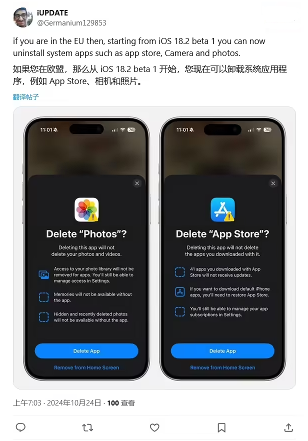 江南苹果手机维修分享iOS 18.2 支持删除 App Store 应用商店 